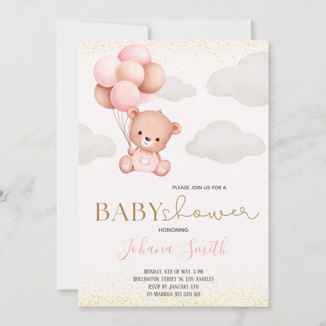 Watercolor Bear Balloons Baby Shower Invitation (Front)