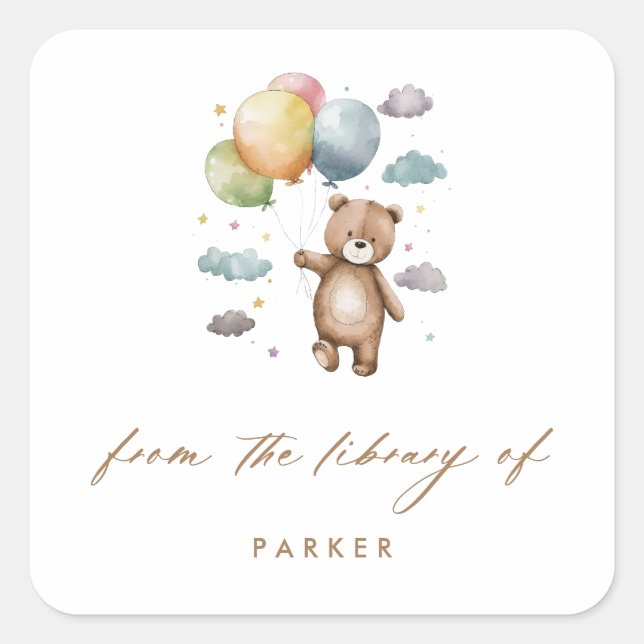 Watercolor Bear & Balloons Kids Library Bookplates Square Sticker (Front)