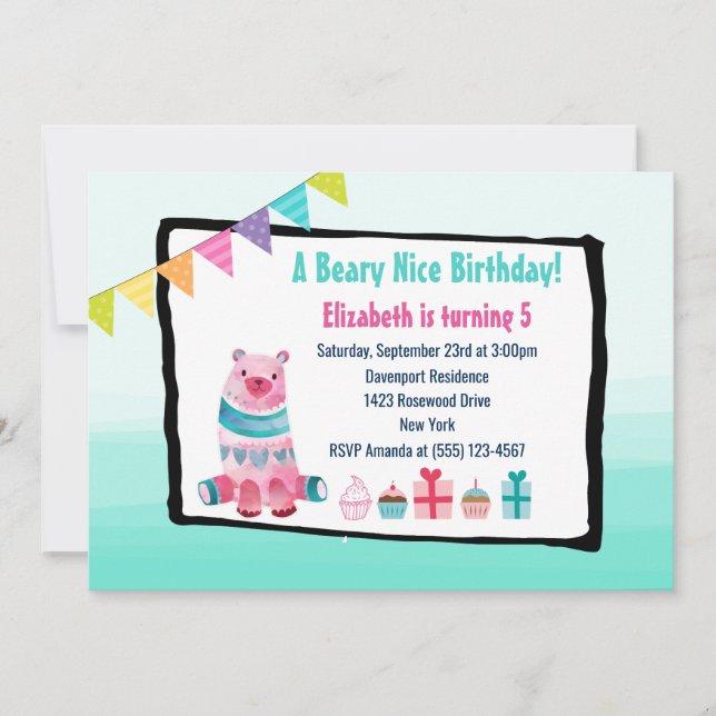 Watercolor Bear Beary Nice Birthday Party Invite (Front)