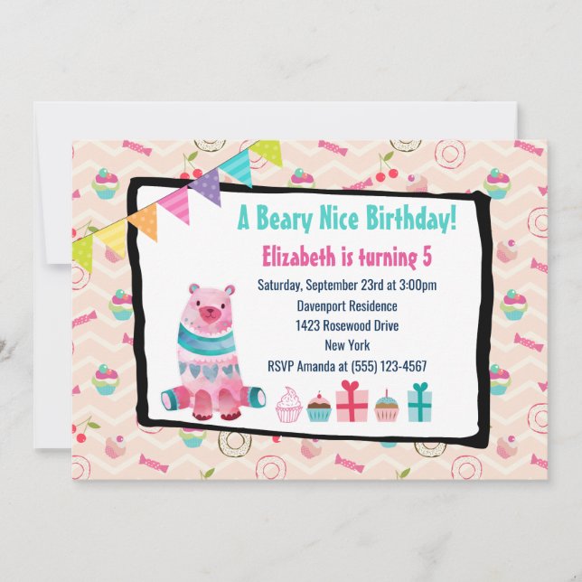Watercolor Bear Beary Nice Birthday Party Invite (Front)