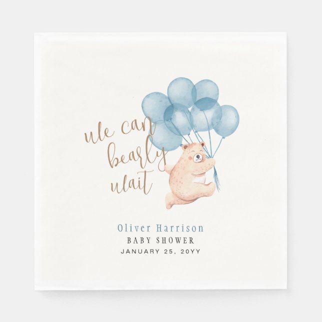 Watercolor Bear Blue Balloon Baby Shower Classic R Napkin (Front)