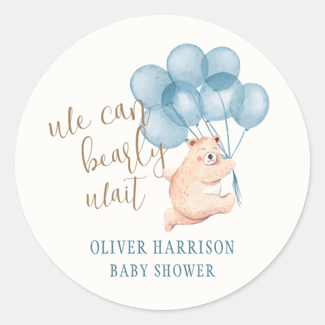 Watercolor Bear Blue Balloon Baby Shower Classic Round Sticker (Front)