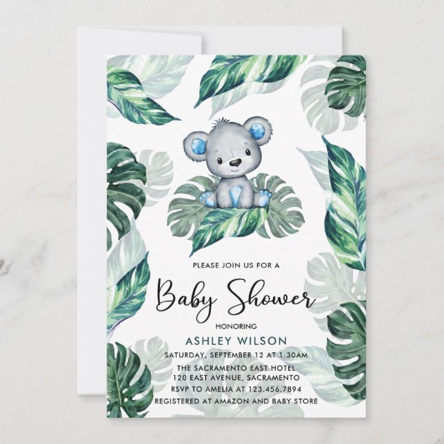 Watercolor Bear Boy Baby Shower Invitation (Front)