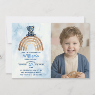 Watercolor Bear Boy Birthday Boho Rainbow Blue Invitation