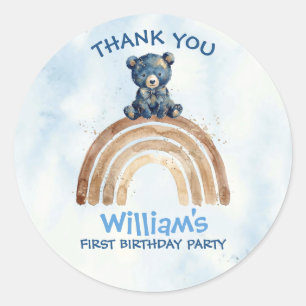 Watercolor Bear Boy Birthday Boho Rainbow Gold Classic Round Sticker