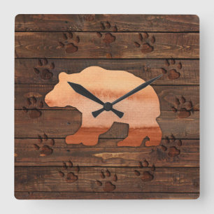 Watercolor Bear, Carved Paws, Rustic Wall Clock