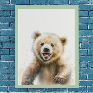 Watercolor Bear Cub Nursery Woodland Animal Poster