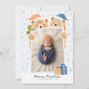 Watercolor Bear Family New Baby Christmas Photo Holiday Card