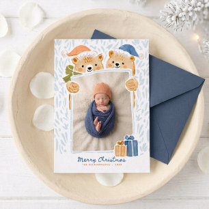 Watercolor Bear Family New Baby Christmas Photo Holiday Card