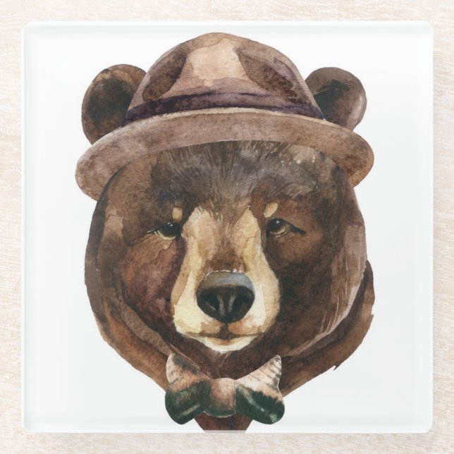 Watercolor Bear Fashion Glass Coaster (Front)