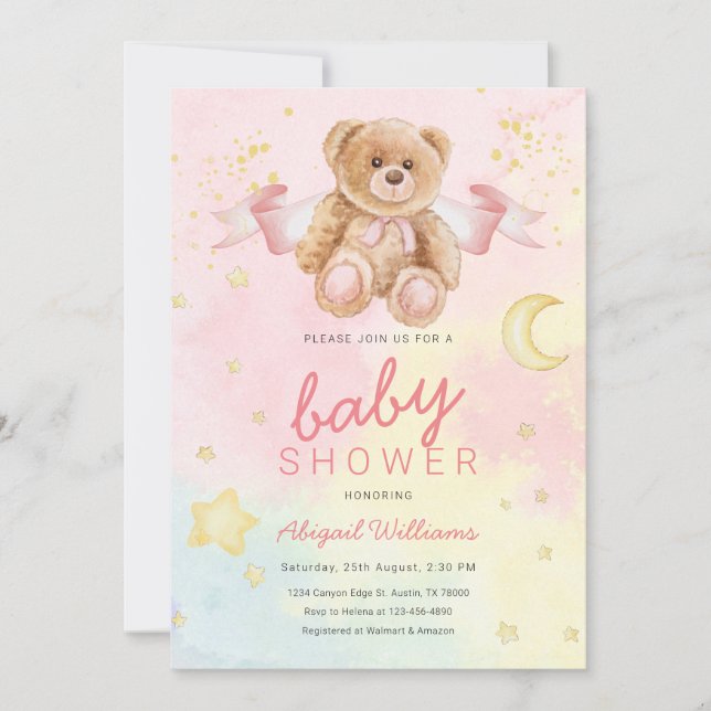Watercolor bear girl with moons/ stars baby shower invitation (Front)