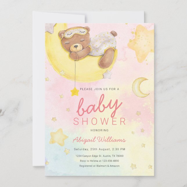 Watercolor bear girl with moons/ stars baby shower invitation (Front)