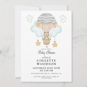 Watercolor Bear Hot Air Balloon Baby Shower Invita Invitation