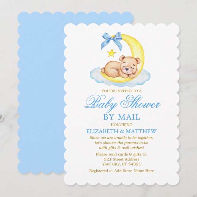 Watercolor Bear Moon Blue Gold Shower by Mail Invitation (Front/Back)