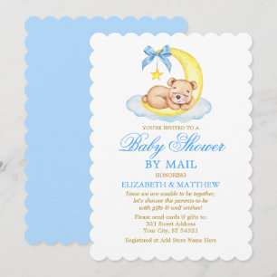 Watercolor Bear Moon Blue Gold Shower by Mail Invitation