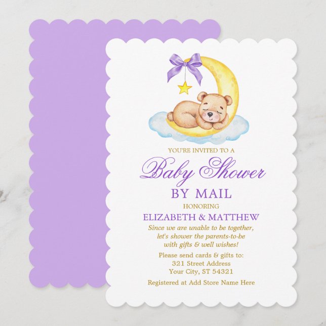 Watercolor Bear Moon Purple Gold Shower by Mail Invitation (Front/Back)