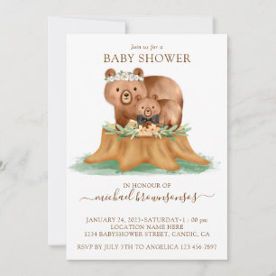 Watercolor Bear Mummy Baby Shower Boy Invitation