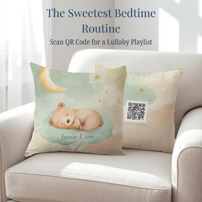 Watercolor Bear on Cloud Scannable Lullaby Pillow (Soft watercolor bear pillow with scannable lullabies—the perfect soothing gift for new nurseries.)