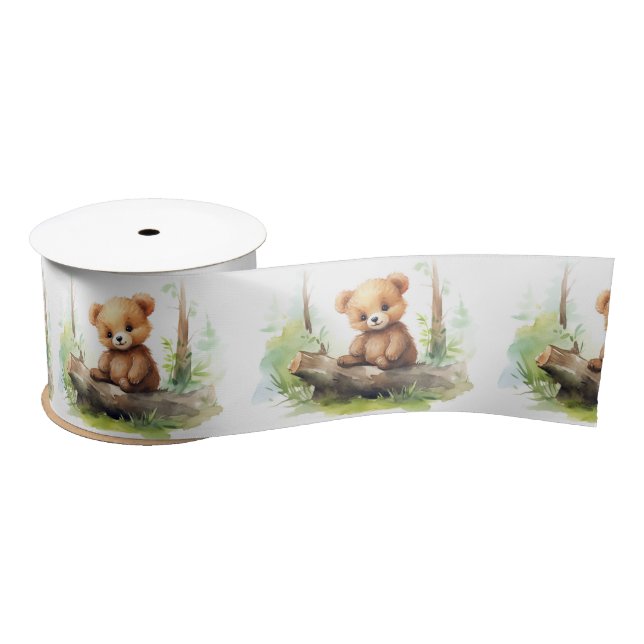 Watercolor Bear On Log Satin Ribbon (Spool)