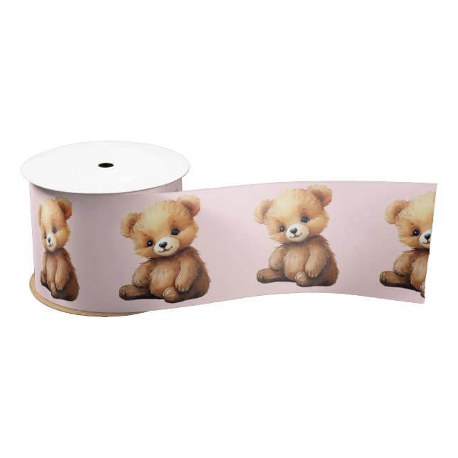 Watercolor Bear On Pink Satin Ribbon (Spool)