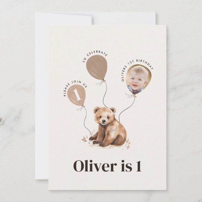Watercolor bear photo 1st birthday modern  invitation (Front)