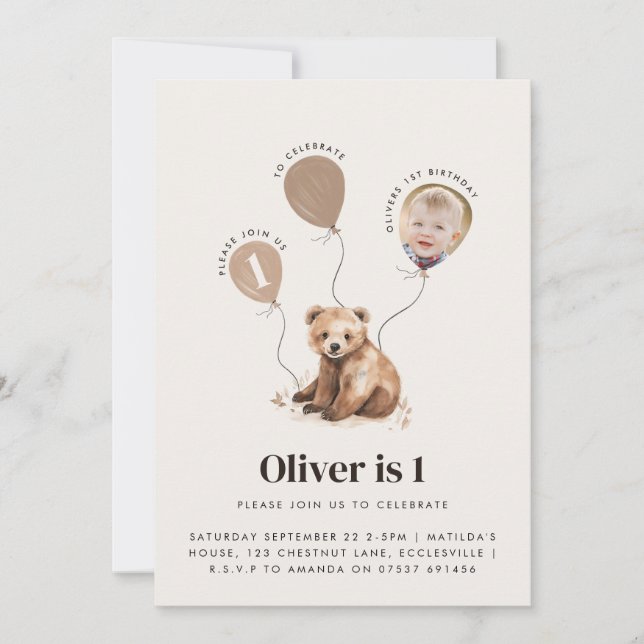 Watercolor bear photo 1st birthday modern  invitation (Front)