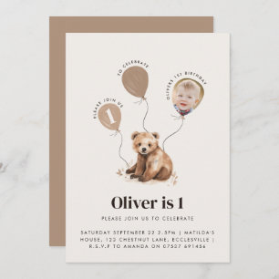 Watercolor bear photo 1st birthday modern  invitation