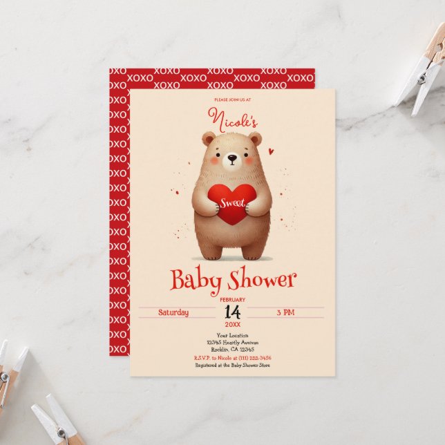 Watercolor Bear Red Heart Valentine Baby Shower Invitation (Front/Back In Situ)