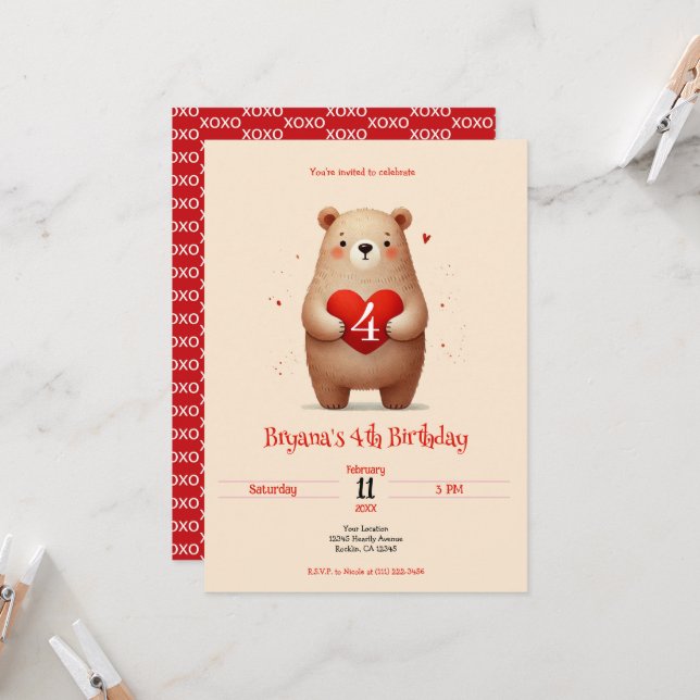 Watercolor Bear Red Heart xoxo Valentine Birthday Invitation (Front/Back In Situ)