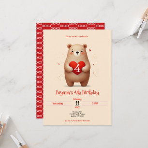 Watercolor Bear Red Heart xoxo Valentine Birthday Invitation