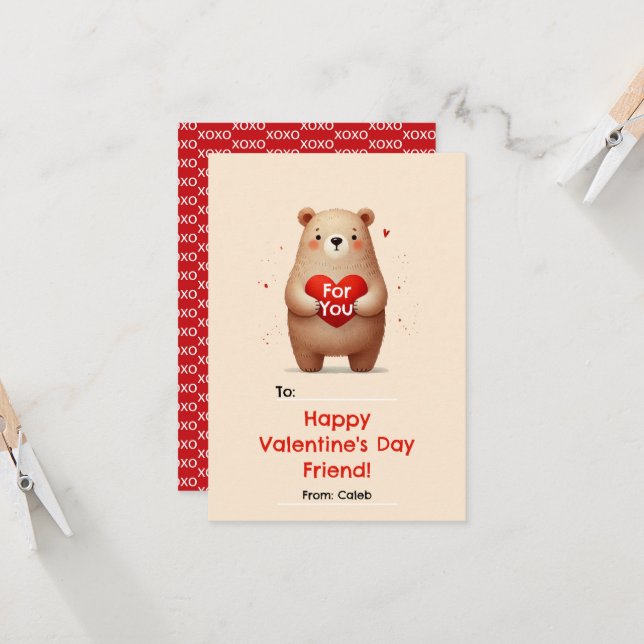 Watercolor Bear Red Heart xoxo Valentine's Day  Invitation (Front/Back In Situ)