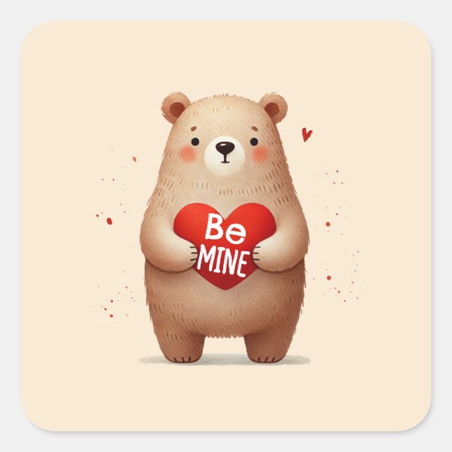 Watercolor Bear Red Heart xoxo Valentine's Party Square Sticker (Front)