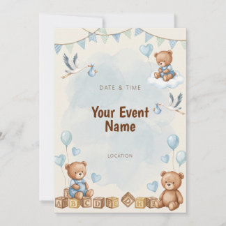 Watercolor Bear Stork Wooden Block Blue Invitation