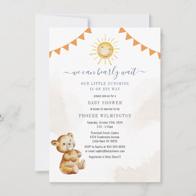 Watercolor Bear Sunshine Boys Baby Shower Invitation (Front)