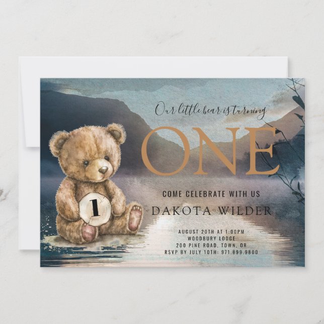 Watercolor Bear Turning One Forest Lake Birthday Invitation (Front)
