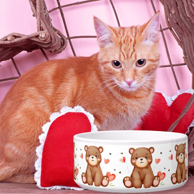 Watercolor Bear Valentine's Day ceramic pet bowl (Cute Watercolor Bear Valentine Adorable Pet Bowl)