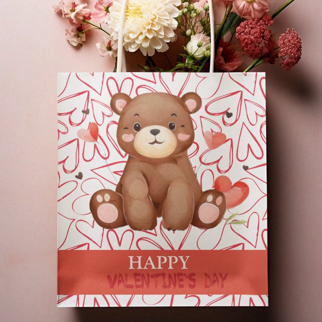 Watercolor Bear Valentine's Day  Medium Gift Bag (Watercolor Bear Valentine's Day Medium Gift Bag)