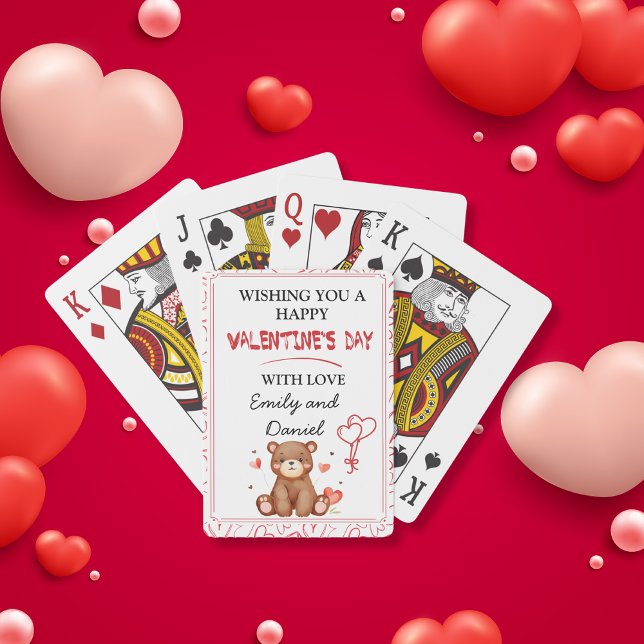 Watercolor Bear Valentine's Day personalized Playing Cards (Watercolor hearts & bear Valentine's Day custom Poker Cards)