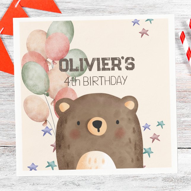 watercolor bear with balloon birthday paper napkin (Creator Uploaded)