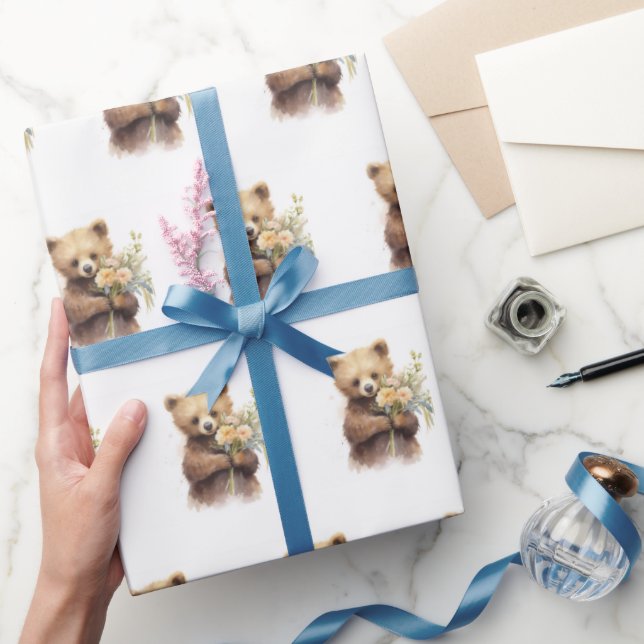 Watercolor Bear With Bouquet Wrapping Paper (Gifting)