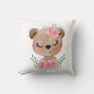 Watercolor Bear with Florals Throw Pillow