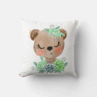 Watercolor Bear with Succulents Throw Pillow