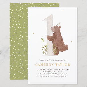 Watercolor Bear Woodland First Birthday Invitation