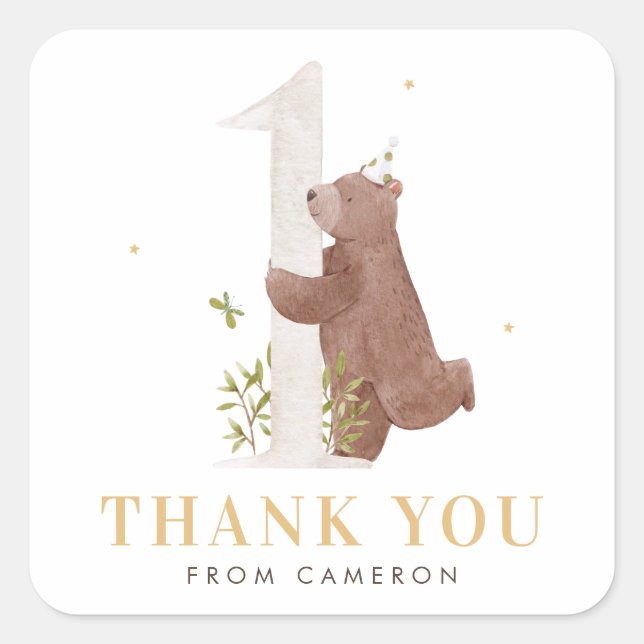 Watercolor Bear Woodland First Birthday Thank You Square Sticker (Front)