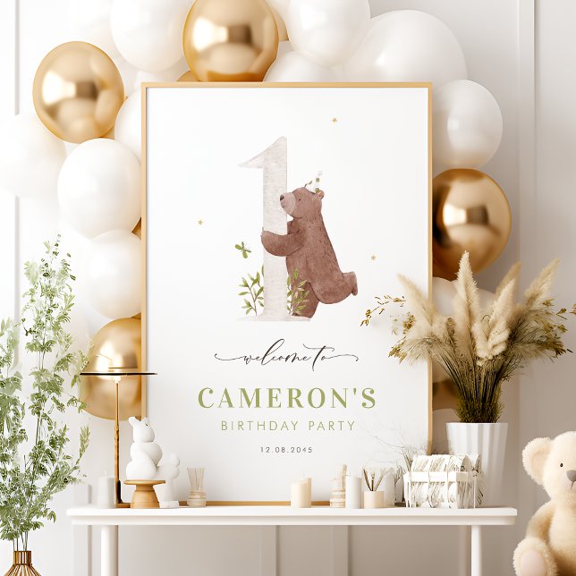 Watercolor Bear Woodland First Birthday Welcome Poster (Creator Uploaded)