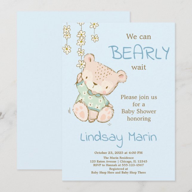 Watercolor Bearly Wait Teddy Bear Garland Invitati Invitation (Front/Back)