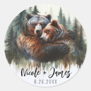 Watercolor Bears Rustic Wilderness Wedding Classic Round Sticker