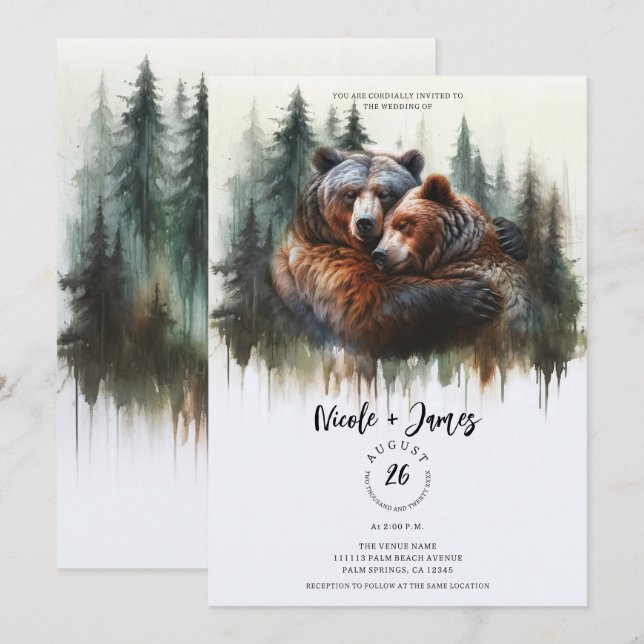 Watercolor Bears Rustic Wilderness Wedding Invitation (Front/Back)