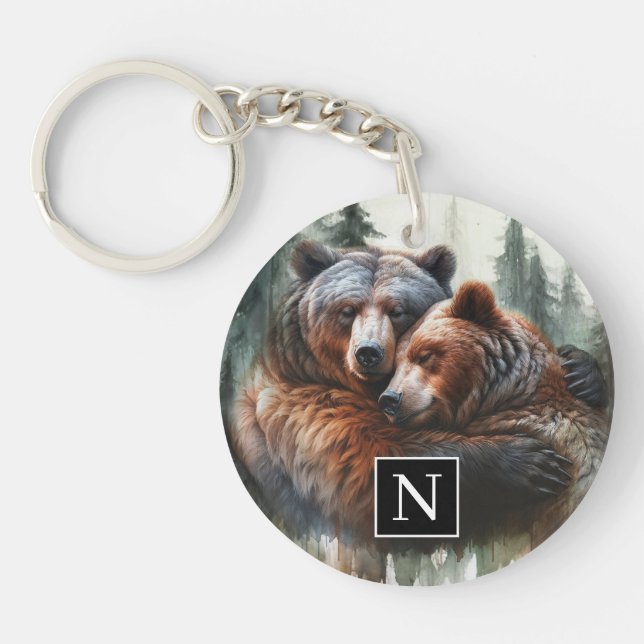Watercolor Bears Rustic Wilderness Wedding Key Ring (Front)