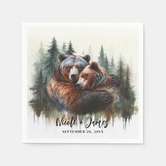 Watercolor Bears Rustic Wilderness Wedding Napkin (Front)